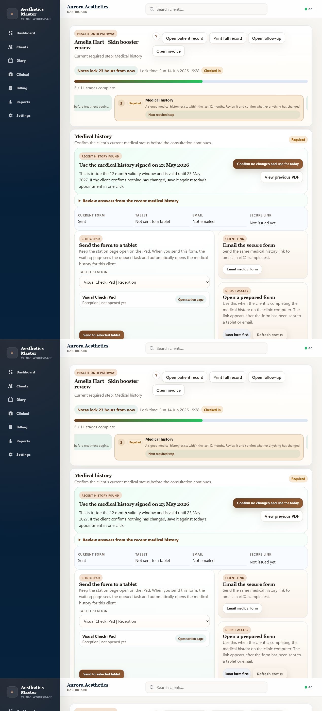 Aesthetics Master medical history and iPad signing flow